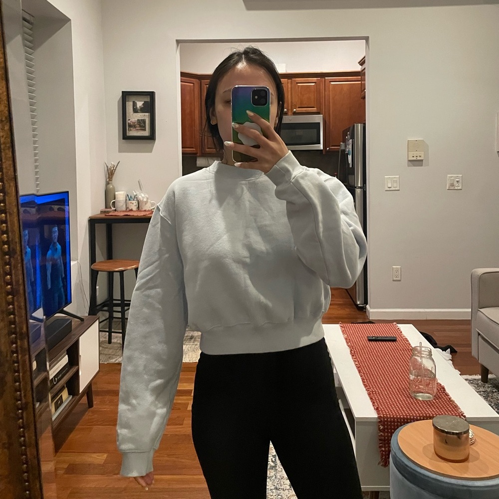 Aritzia TNA fleece cropped light blue crewneck — size S